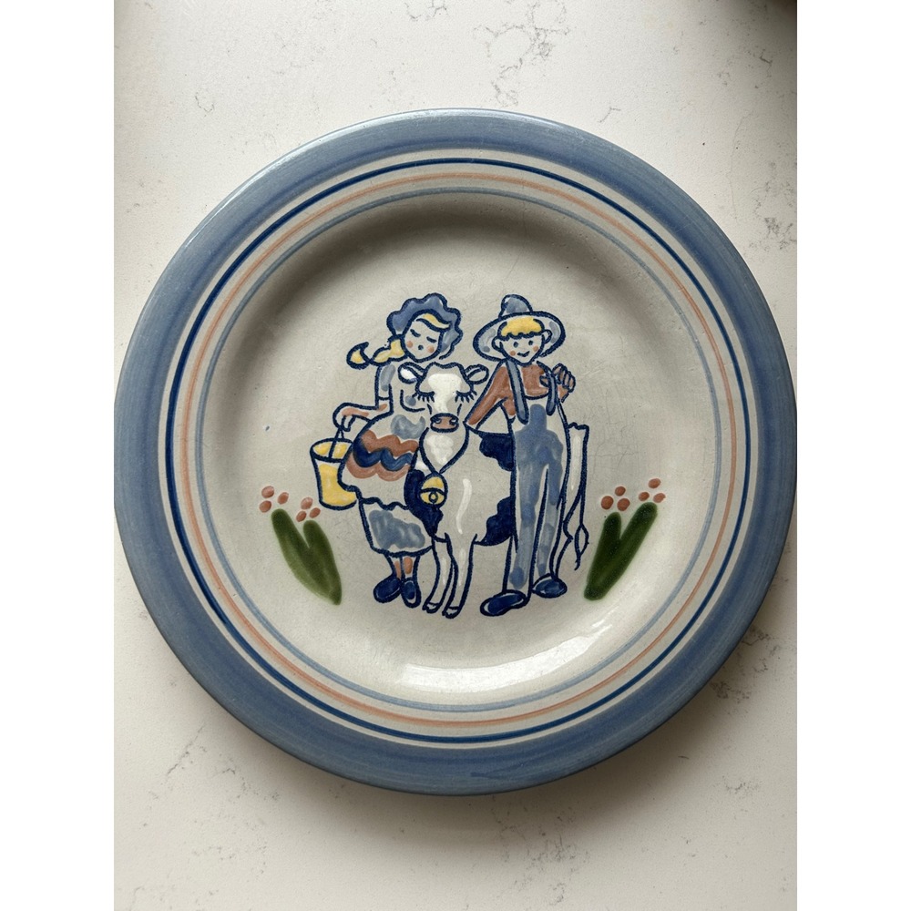 Vintage Louisville Stoneware Plate Farm Couple Cow Folk Art Blue‎ Rim